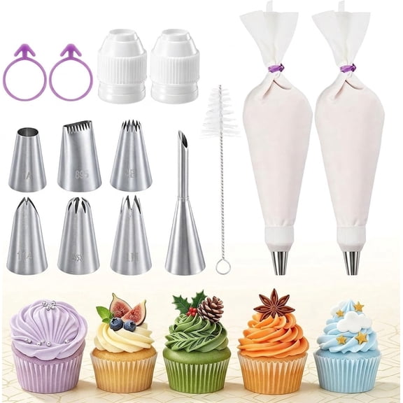 Reusable Piping Bags and Tips Set, 16inch Cotton Pastry Bags | 304 Icing Tips 1A 1M 4B 114 853 895 puff tip For Cake Decorating, Cupcakes, Cookies, Durable Baking Tool Kit