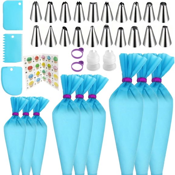 Reusable Piping Bags and Tips Set - Silicone Pastry Bags 3X (12+14+16) with Icing & Frosting Tips for Cake Decorating, Cupcakes, Cookies, Deviled Eggs, and Baking Accessories, Baking Tools Kit