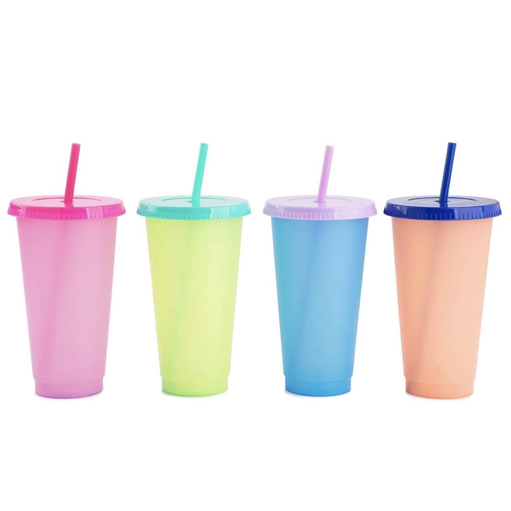 Reusable Plastic Cold Drink Cups with Lids 4 Pack 24oz Color Changing