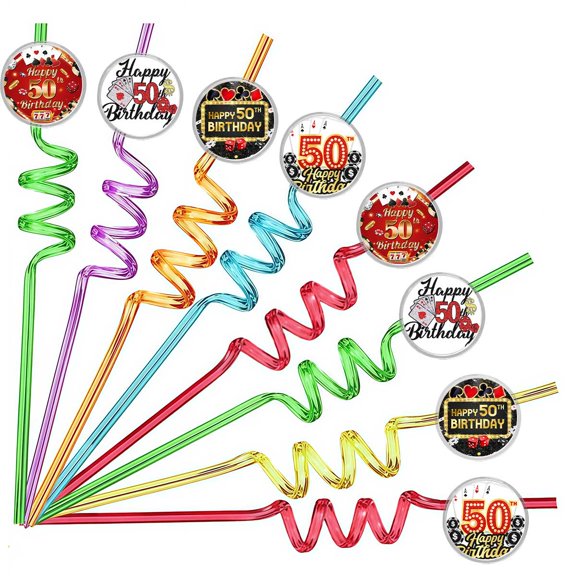 Reusable Plastic Drinking Straws, Casino 50th Las Vegas Theme Birthday Party Favors Decorations 8pcs