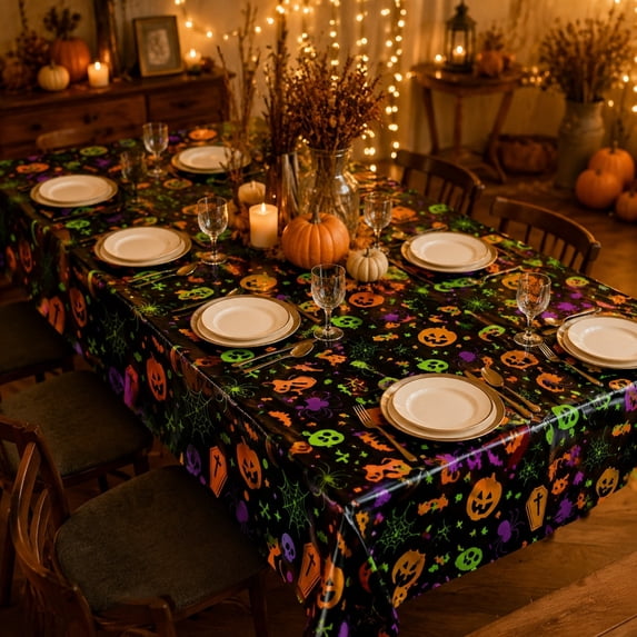 Reusable Plastic Halloween Tablecloth, 54x108 Inch Easy Clean Rectangular Cover for Parties and Gatherings