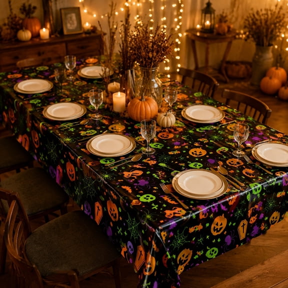 Reusable Plastic Halloween Tablecloth, 54x108 Inch Easy Clean Rectangular Cover for Parties and Gatherings