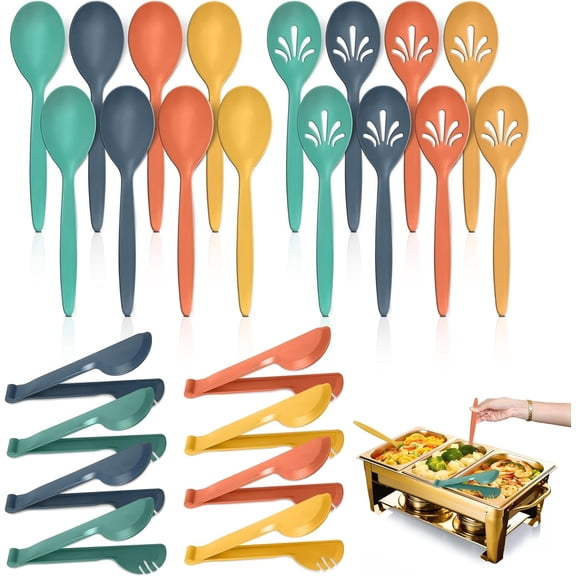Reusable Plastic Serving Utensils Set of 24, Wheat straw Large Serving set 10" Serving Spoons/10" Slotted Spoons/9.4" Tongs, for Party Chafing Dish Buffet Catering (Orange/Blue/Yellow/Green)