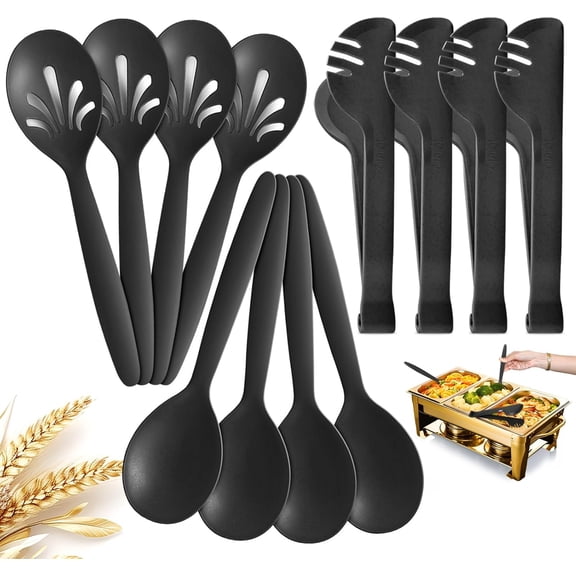 Reusable Plastic Serving Utensils Set of 12, Wheat straw Lar set 10" Spoons/10" Slotted Spoons/9.4" Tongs, for Party Buffet Catering (, Not Cooking)