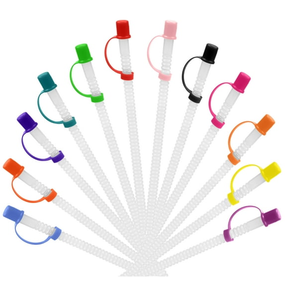 Reusable Plastic Straws with Caps, Bendable Straws for Drinking Cups, Flexible Straws for Hospital and Convenience Store Mugs, Extra Long Tall Corrugated Straws