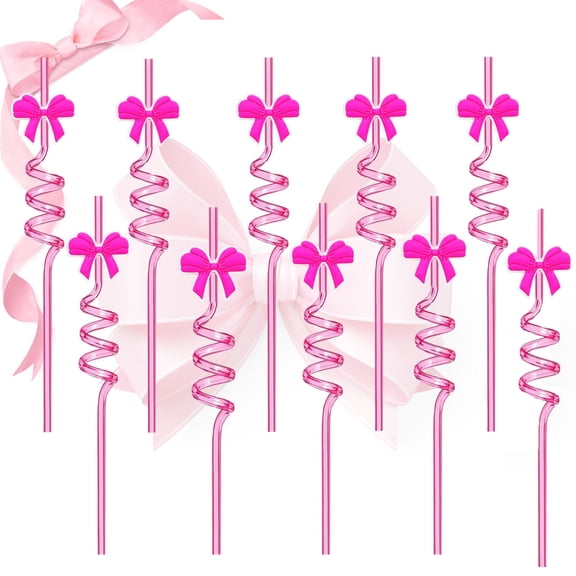 Straws Drinking Plastic, StrawsforKids, Girl Birthday Party Decorations, Curly Reusable Drinking Straws, Pink Party Supplies, 10 In, Hot Pink Bows, 10 Pc