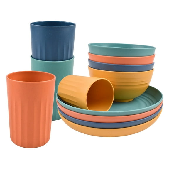 Reusable Plastic Tableware Set for 4, Shatterproof Dishware for Camping & Daily Use