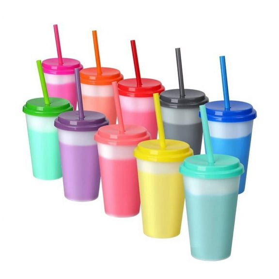 Reusable Plastic Tumblers with Lids & Straws - 10 Pcs 12oz Color Changing Cups for Adults Kids Women Party | Tumbler Cup Tall Iced Cold Straw Drinking Cute
