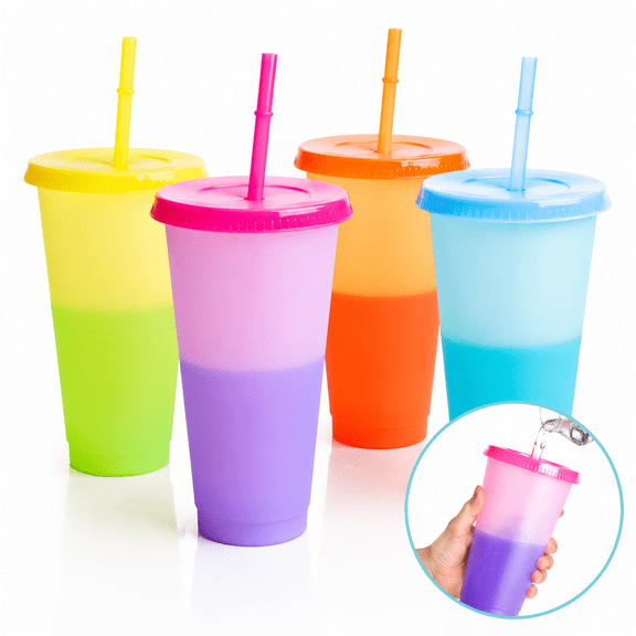 Reusable Plastic Tumblers with Lids & Straws - 4 Pcs 24oz Large Color Changing Cups for Adults Kids ,Reusable Tumbler with Lids and Straws | Tumbler Ice Cold Drinking Cup Bulk,Christmas Cups
