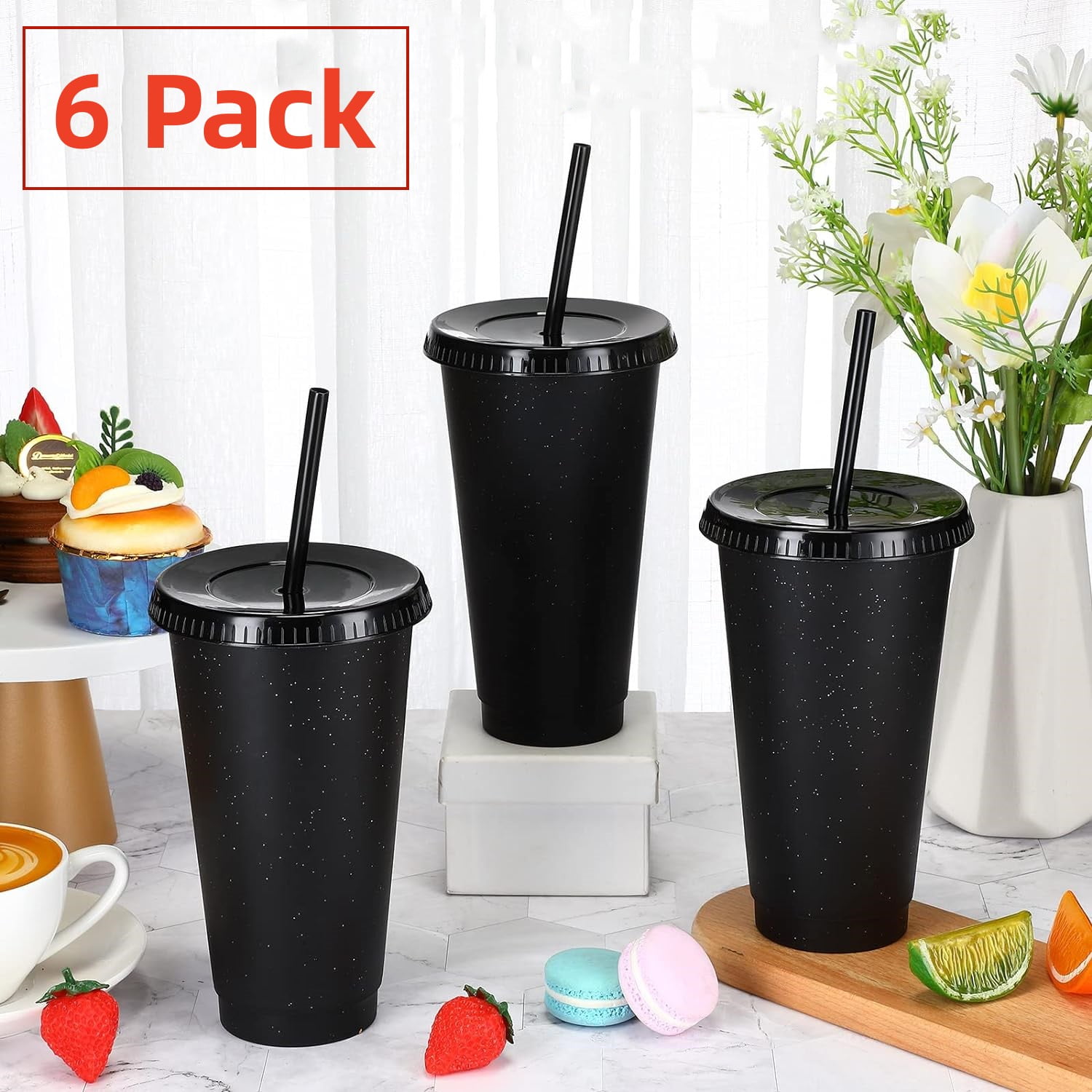 Reusable Plastic Tumblers with Lids & Straws 6 Pcs 24oz Large Glitter