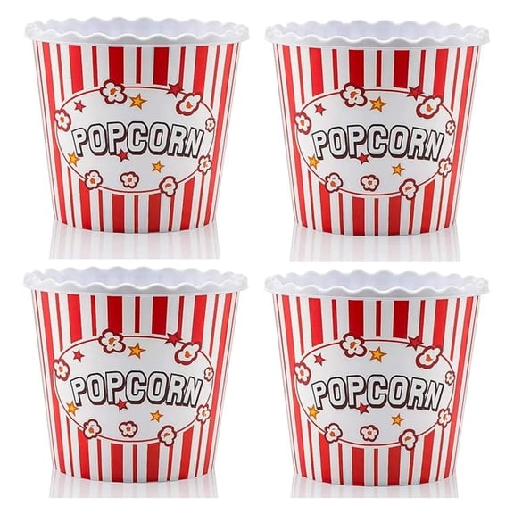 Reusable Popcorn Boxes - 75oz Popcorn Containers Set of 4 - BPA Free Plastic Popcorn Bowls for Movie Night, Parties, Red & White