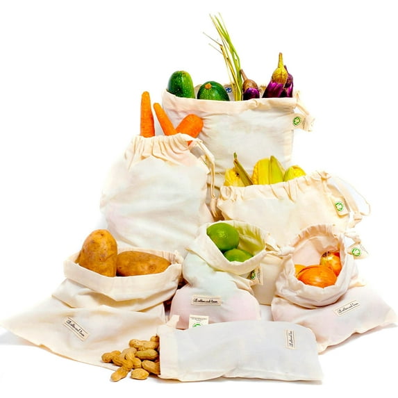 Reusable Produce Bags, 100% Organic Cotton, Veggie, Muslin Bags with Drawstrings Set of 6, Onion for Storage, Vegetable Shopping Bag, Bread Bulk Grains, (2L, 2M, 2S)