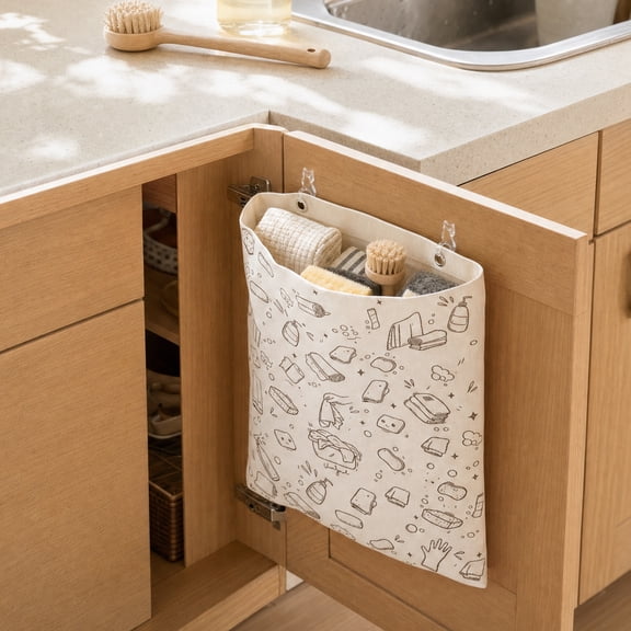 Reusable Dirty Rag Bag with Waterproof Plastic Liner, Hanging Dish Rag Holder for Under Sink Cabinet Door, Large Storage Organizer for Kitchen Cloths and Cleaning Tools (8 Hooks Included)