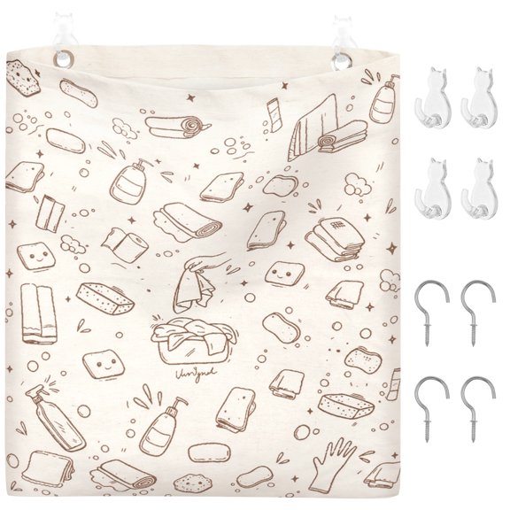 Reusable Rag Storage Bag Multifunctional Dish Towel Bag with Plastic Liner for Cabinet Door Includes 8 Installation Hooks