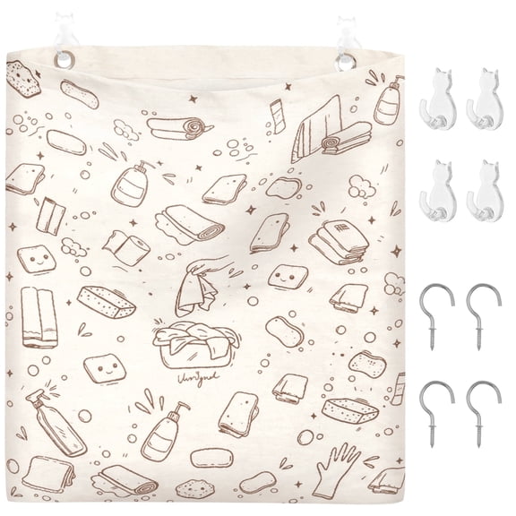 Reusable Dirty Rag Bag, Multifunctiona Rag Storage Bag with Plastic Liner for Under Sink Cabinet Door Dish Towel, Napkins, Cleaning Tools Storage Includes 8 Hooks