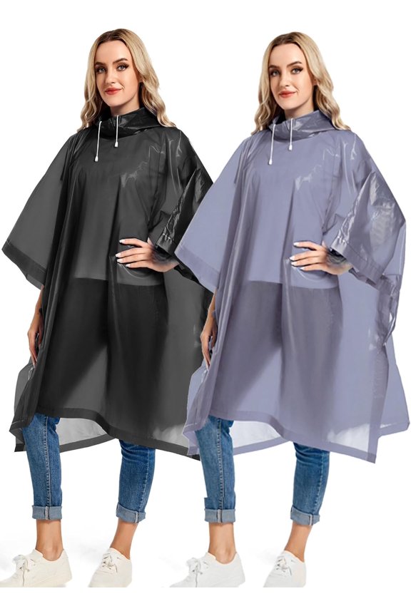 Reusable Rain Ponchos with Drawstring Hood for Adults, Waterproof Thicken Rain Coat, 2 Packs