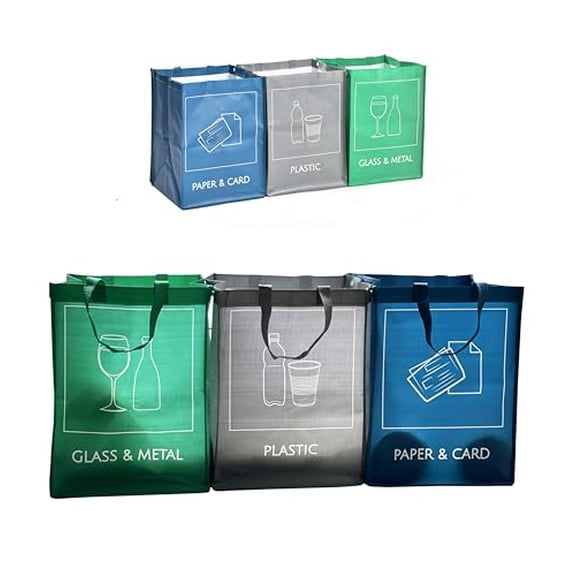 Reusable Recycling Bin Bags, 3-Pack Indoor and Outdoor Separate Waste Sorting Organizer Compartment Container, Waterproof Recycle Bins for Kitchen Home Office