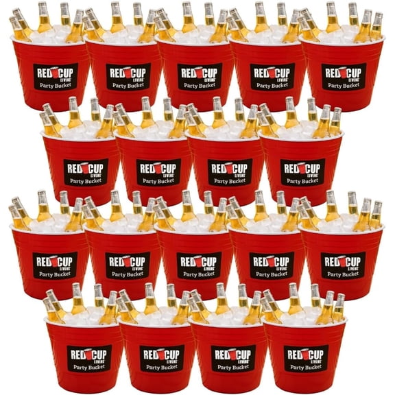 Reusable Red Plastic Ice Bucket for Parties, Large Beverage Tub, Set of 18