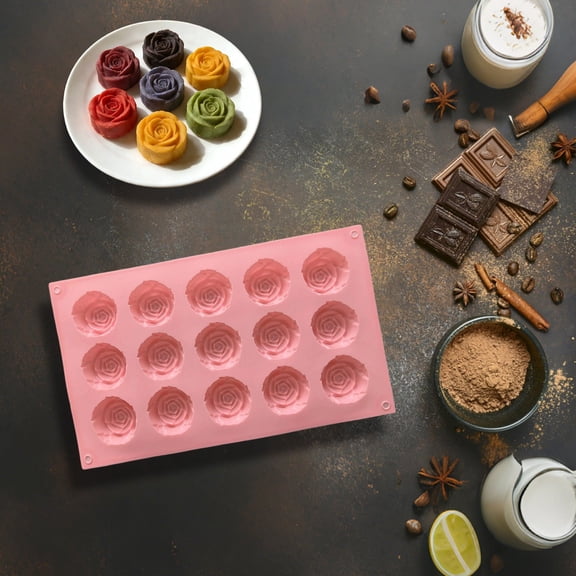 Reusable Rose Flower Silicone Mold Non-Stick 15-Cavity Baking Pan for Cupcake Food Grade Cupcake Mold Home Baking & Gift Making Mold Chocolate Mold Pink 11.49x6.69 Inch (1Pcs)