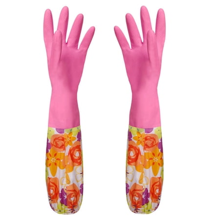 Reusable Rubber Cleaning Gloves Household Kitchen Thickening Waterproof Non-Slip Floral Dish Washing Gloves with lining