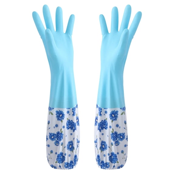Reusable Rubber Dishwashing Gloves | Long Gloves for Women, Flocked Liner Non-Slip for Kitchen Pet Grooming Car Washing 2 Pack, Blue