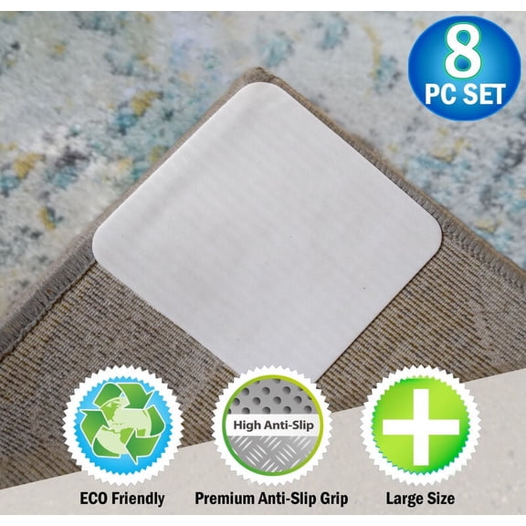 Reusable Rug Grippers with Non Slip Vacuum Suction Grip - 8pc - Anti-Slip & Corner Carpet Curl Prevention Mats - Sqaure, Thin, & Durable Adhesive Pads Keeps Your Rugs In Place for High Traffic Areas