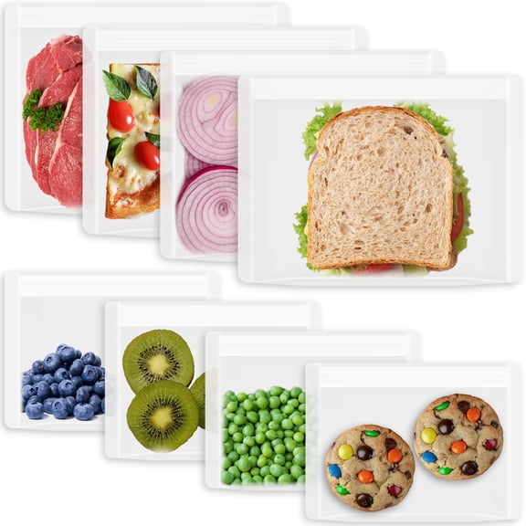 Reusable Sandwich Bags & Snack Set  8 Pack Silicone Storbag Soft Shell Ziplock Food Containers Freezerwave Oven Dishwasher Safe Translucent