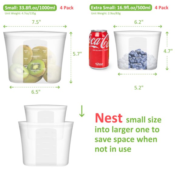 Reusable Sandwich & Snack Bags 8 Pack Silicone Stand Up Zip Lock Food Storfor Container Freezerwave Oven Dishwasher Safe 4 Small 4 Extra Translucent