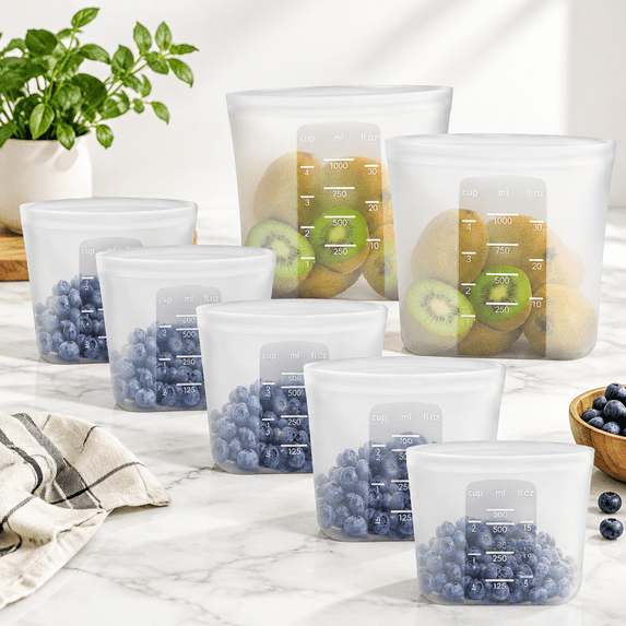 Reusable Sandwich & Snack Bags 8 Pack Silicone Stand Up Zip Lock Food ...