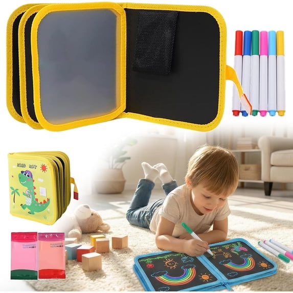 Reusable Scribble Book and Markers, Portable Drawing Book, Erasable Reusable Sketchpad with Pen and Storage Bag(Yellow-Page10)