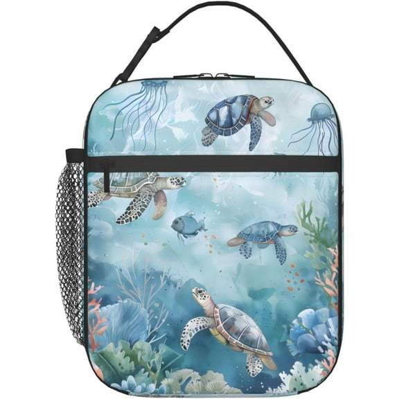 Reusable Sea Turtle Lunch Box for Women Adult Insulated Jellyfish Fish Blue Lunch Bag Home Birthday Gift Cooler Stylish Handbags Case for Picnic Work Travel Beach or Hiking