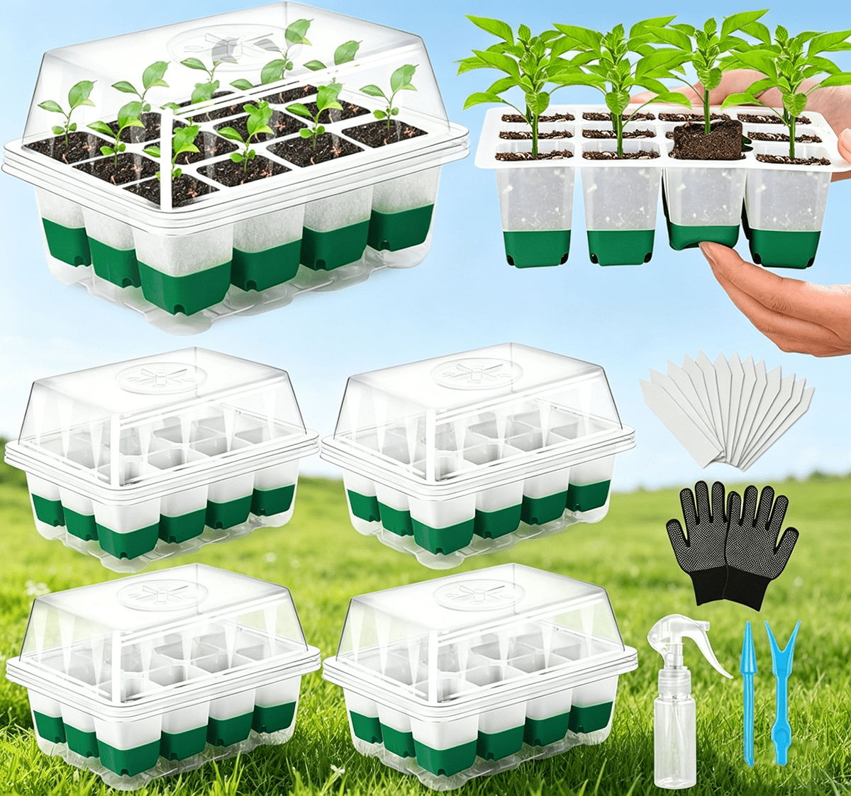 Reusable Seed Starter Tray, Silicone Seed Starter Kit with Adjustable Dome and Lid, Indoor Seed Starting Supplies with Water Spray Bottle, BPA-Free