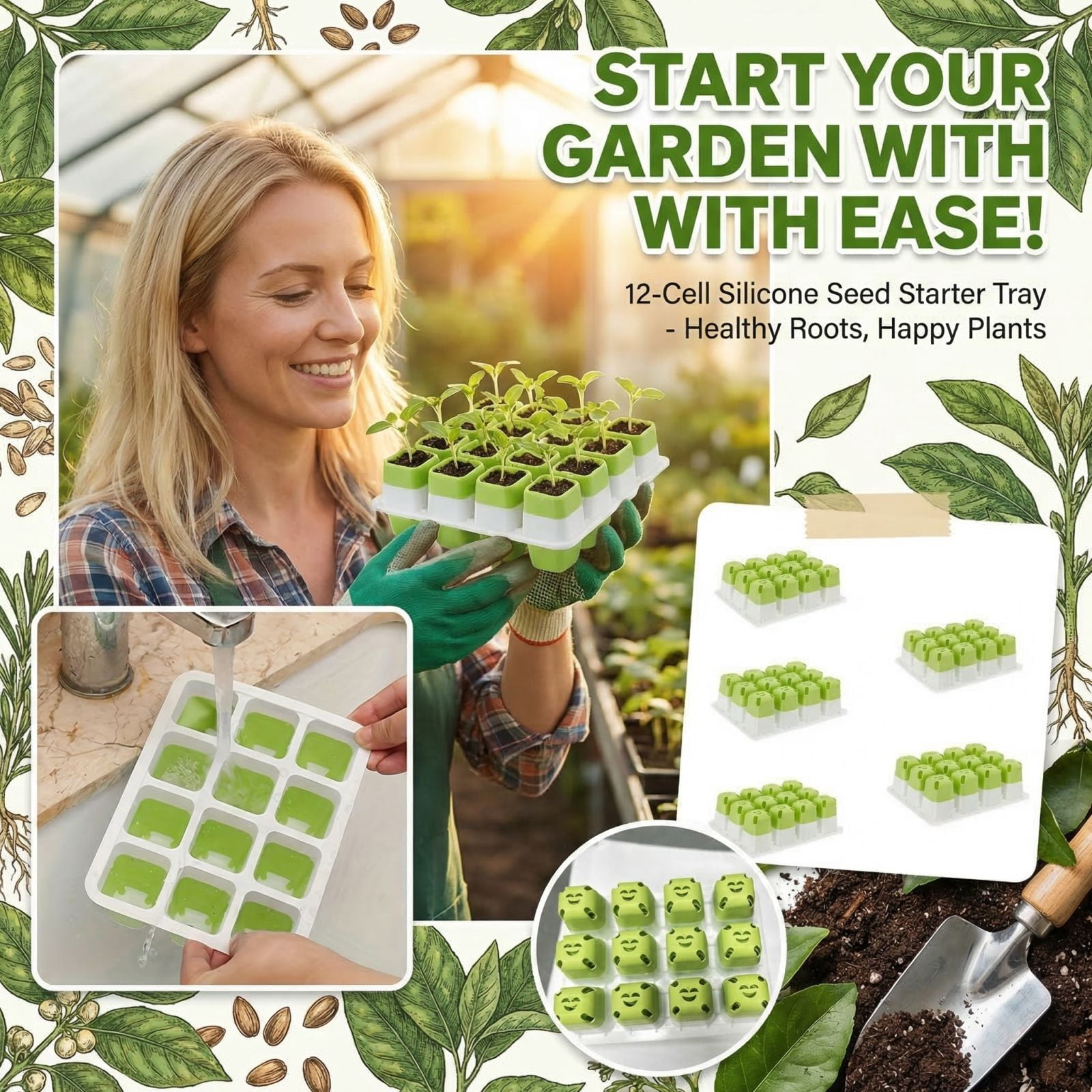 Reusable Seed Starting Trays, 5 Pack Plant Seed Starter Trays, Self Watering Seed Starter Tray for Indoor Outdoor Gardening, Grow Healthy Seedlings from Home