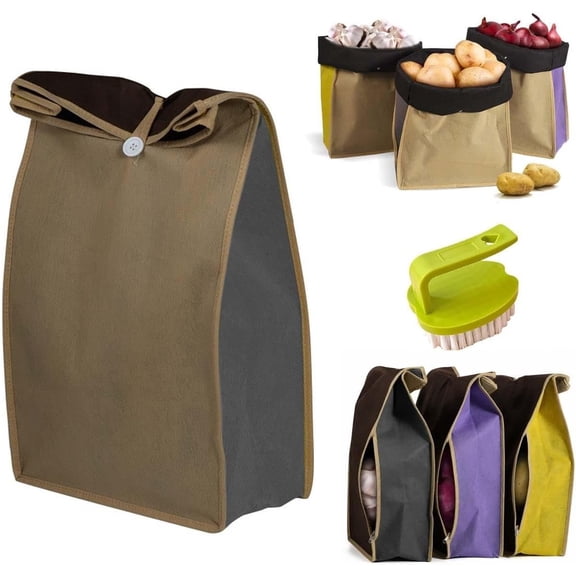Reusable Self Sealing Potato & Onion Storage Bags, Reusable Produce Storage Bags with Wide Opening, Roll Top Closure, Light Blocking Fabric, 20 lb Capacity