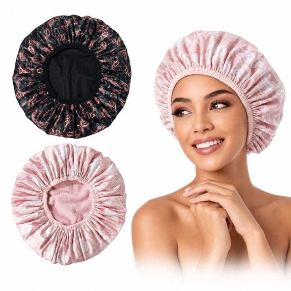 Shower Caps for Women, 2 Pack Reusable Waterproof Shower Hair Caps, Holds Long Hair Braids Friendly Spa Travel (Black & Pink)