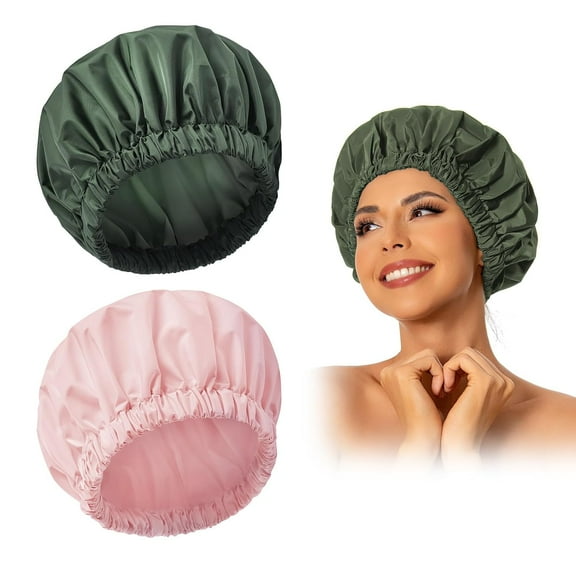 Reusable Shower Cap for Women, Large Waterproof Shower Bonnet Washable Elastic Band Bath Hair Hat for Long Hair, Braids(Pink&Green)