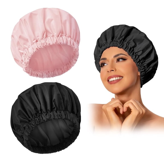 Reusable Shower Cap for Women, Large Waterproof Shower Essentials Bonnet Washable Elastic Band Bath Hair Wrap Hat for Long Hair, Braids-Pink&Black