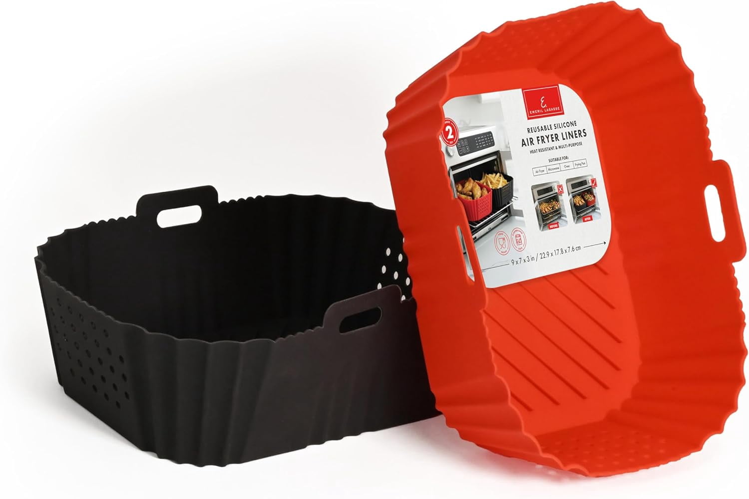 Reusable Silicone Air Fryer Liners for Air Fryer Oven – Non-Stick Reusable Air Fryer Basket Liners – Dishwasher Safe – 9 x 7 x 3 Inch – 2 Pack – Black/Red
