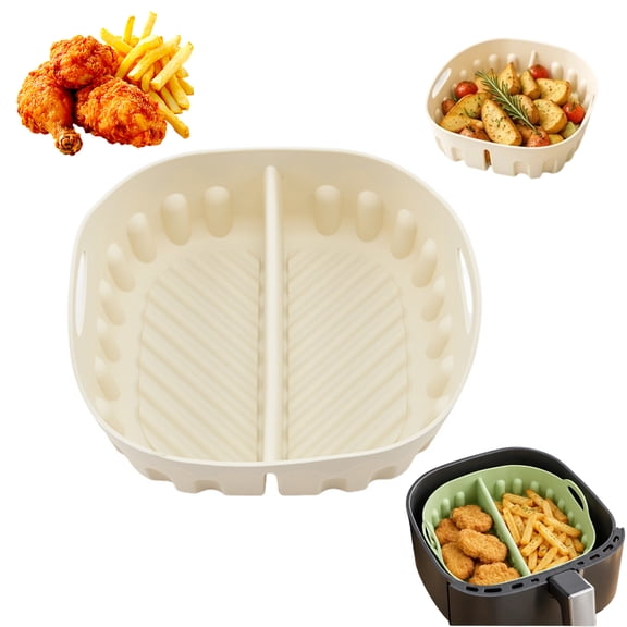 Reusable Silicone Air Fryer Liners, Divided Air Fryer Basket Liner with Handles, Nonstick Silicone Liner (White, 1PCS, 7.5*6.9in)