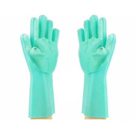 Reusable Silicone Cleaning Gloves with Brush Scrubbers for Kitchen, Bathroom, Car and Pet Hair Care (Green)