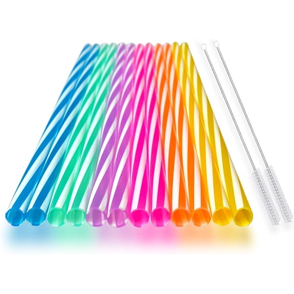 Reusable Silicone Drinking Straws, 12 Pcs Eco Friendly Silicone Straws with 2 cleaning Brushes,for 30oz and 20oz Tumblers, Rtic,Yeti, Ozark, (Two-tone Stripe, 10 inches)