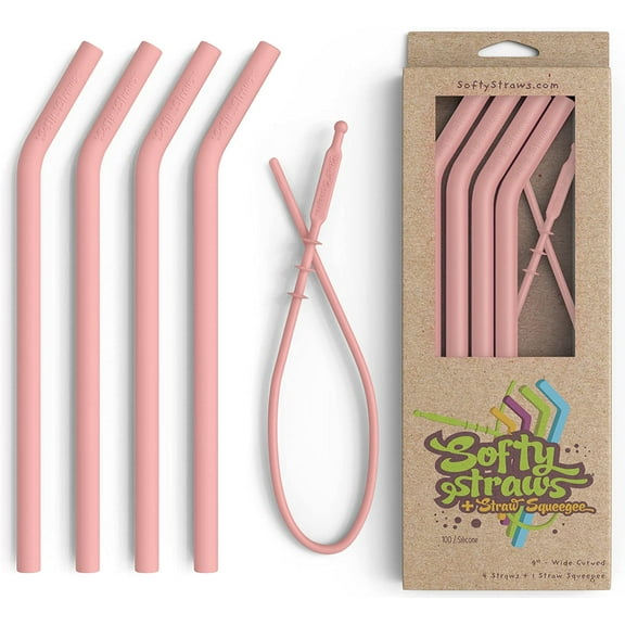 Reusable Silicone Drinking Straws - Big Size with Curved Bend for Tumblers Made from BPA Free No-Rubber Silicon - Flexible, Collapsible, Chewy, Bendy, Safe for Kids/Toddlers Pink (Blush) - Silicone