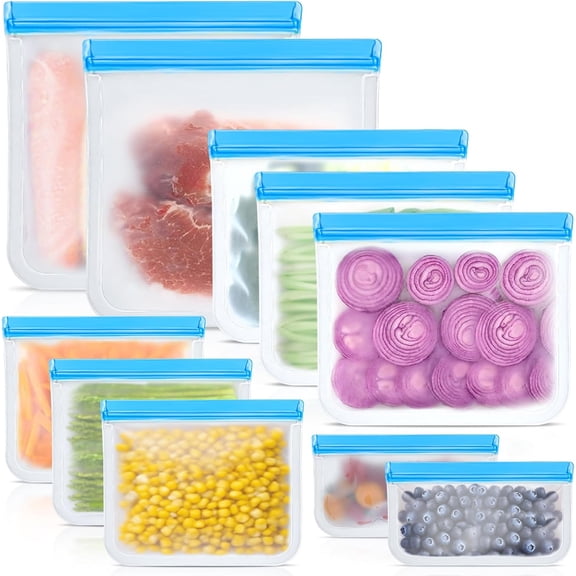 Reusable Silicone Food Storage Bags, 10 Pack, 4 Sizes, Leak Proof, Dishwasher Safe, Freezer Safe, Eco-Friendly, Multi-Purpose Sandwich, Meat Marinade, Fruit Storage Bags