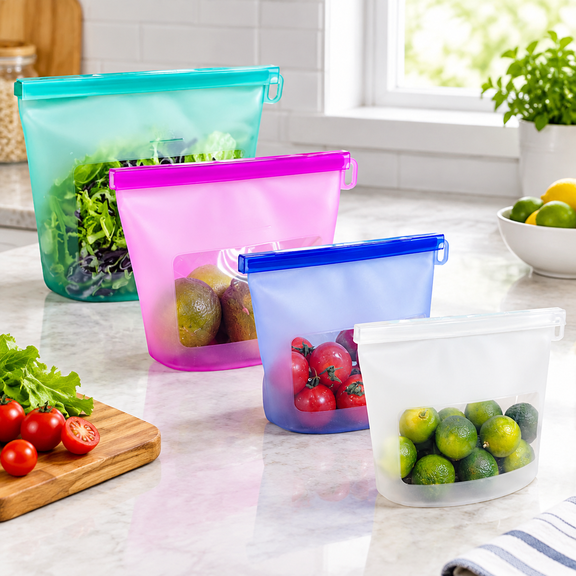 Reusable Silicone Food Storage Bags, Dishwasher Oven Microwave Freezer Safe, Eco-Friendly 100% Platinum, Leakproof Sous Vide Bags, Premium Lunch Containers, 2 Snack 2 Sandwich, Mixed