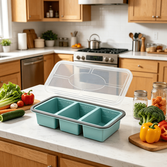 Reusable Silicone Freezer Containers with Lids,  Meal Prep Box, 3-Compartment, Stackable, Fresh-keeping  box