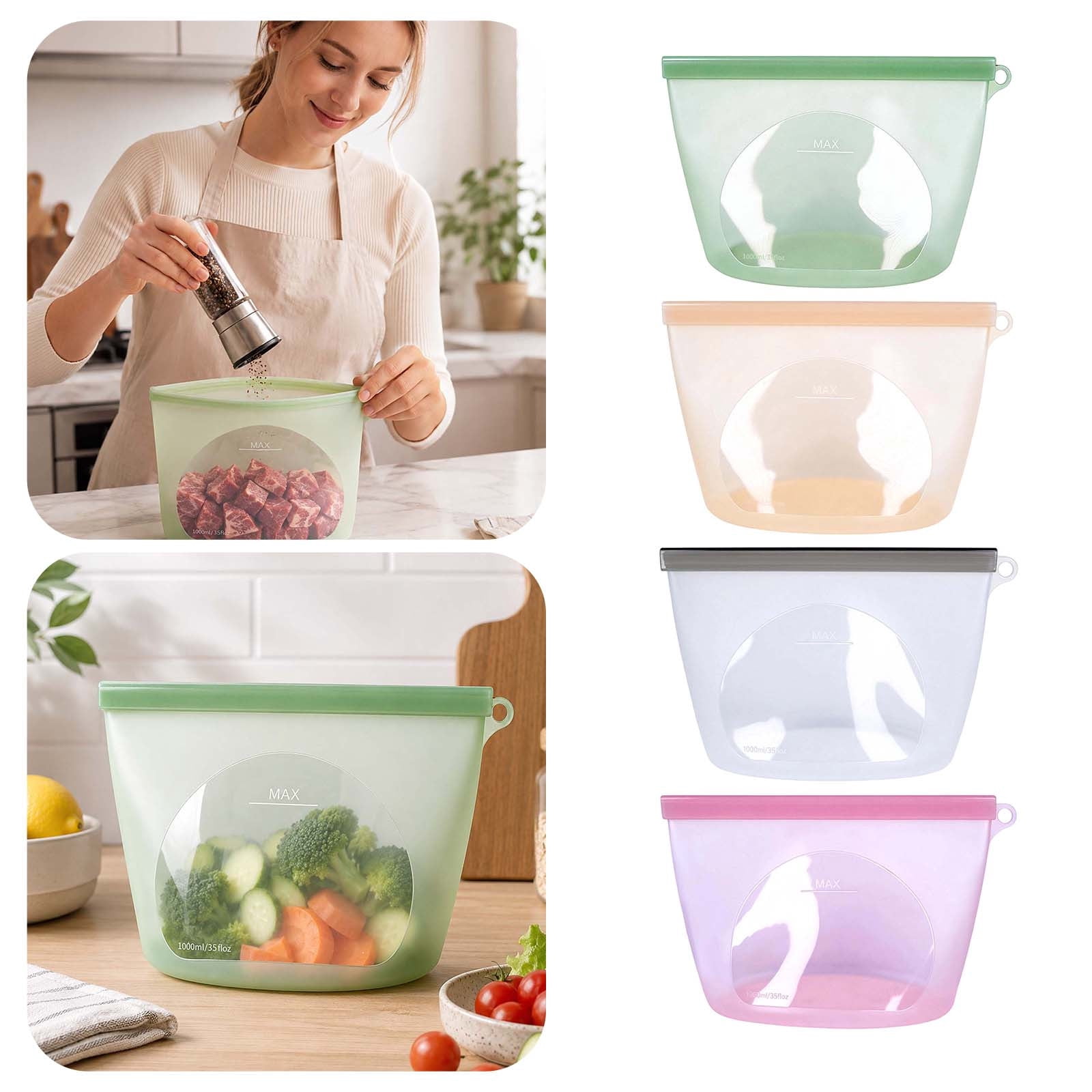 Reusable Silicone Leak‑Proof Food Storage Bags, Airtight Seal Eco ...
