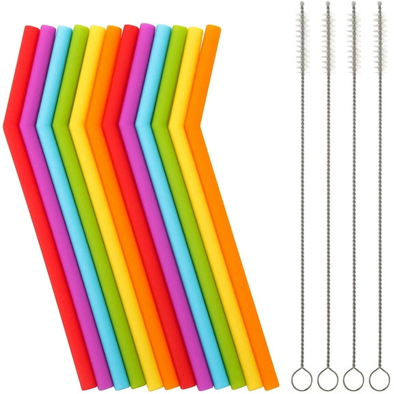 Reusable Silicone Straws for Toddlers & Kids - 12 pcs Flexible Short Drink 6.6" Straws for 6-10 oz Yeti/Rtic/Ozark Tumblers & 4 Cleaning Brushes - BPA free, Eco-friendly,no Rubber Tast