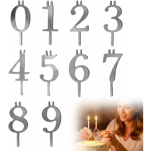 Reusable Silver Number Candle Holders Set 0-9 for Birthday Cakes, Party Cake Decor