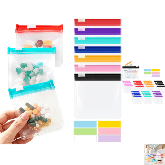 Reusable Slide Lock Pill Pouch 28 Pack Multi Color Travel Organizer Bags, Dust Resistant Medication Pouches Plus Storage Bag & 10 Mark Stickers