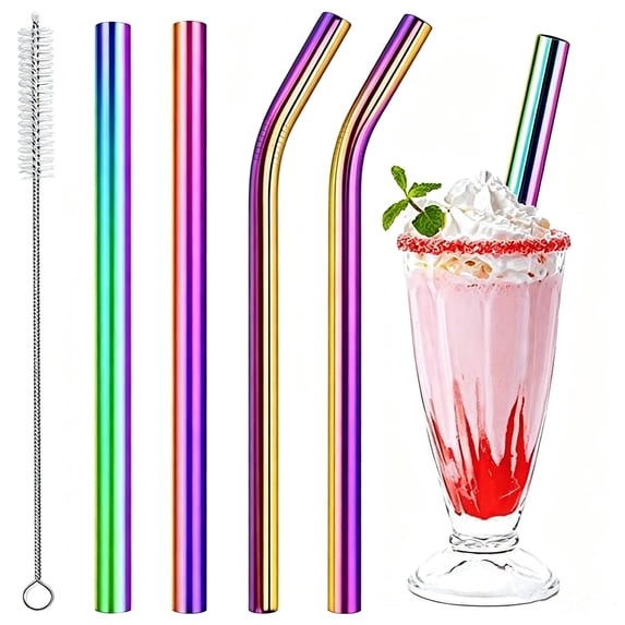 Sinvic Jumbo Smoothie and Milkshake Reusable Metal Straws, 10mm Wide for Boba, 8.5 Inch Long for 30oz Tumbler, Stainless Steel, Rainbow, 2 Straight and 2 Bent with 1 Cleaning Brush